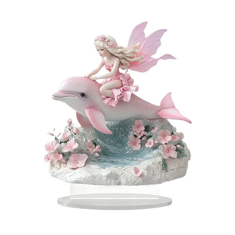 Fairy Decorations Charming Fairy Riding on A Dolphin Figurine Acrylic Flat Ornaments for Home