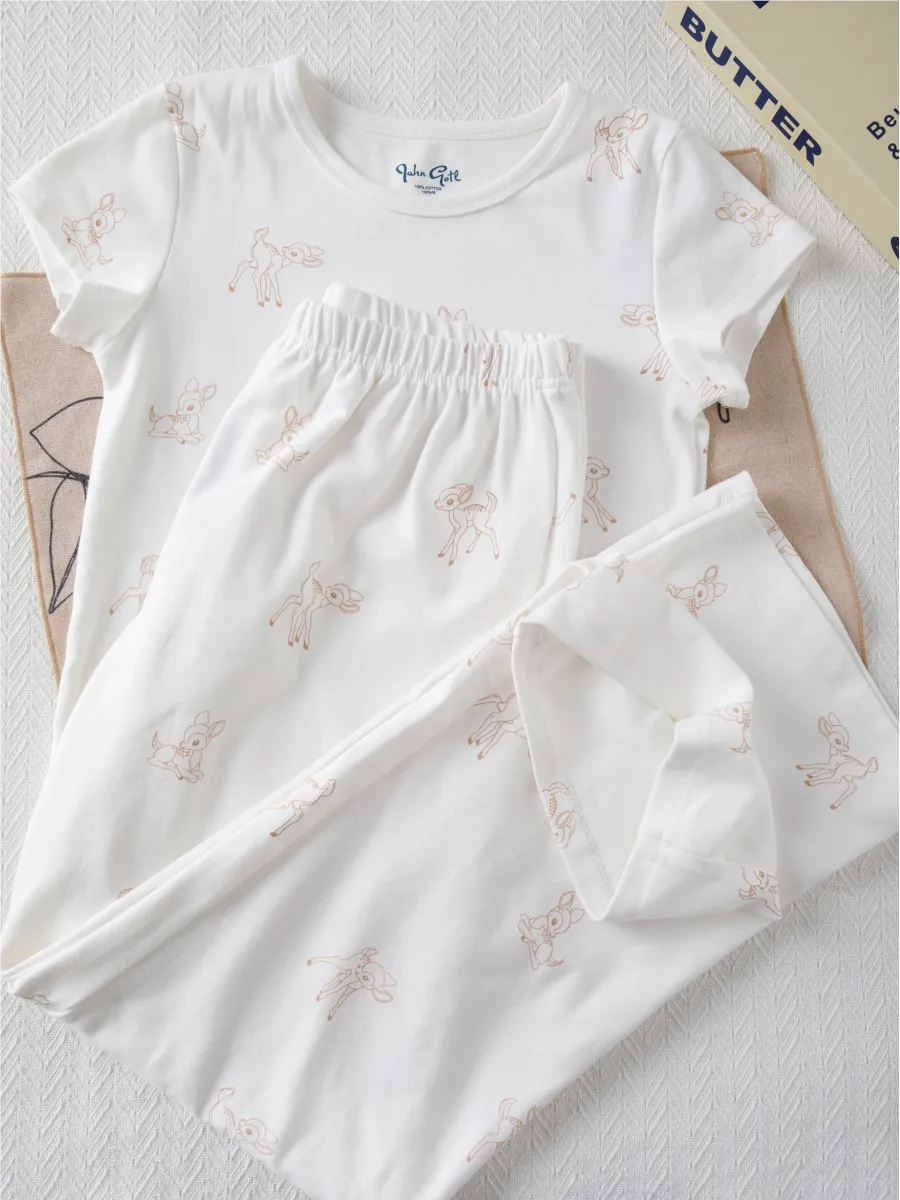 New Deer Print T-shirts+Eyelet Long Pant Women Summer Cotton Cute Pajama 2 Piece Set Sweet Vintage Home Trouser Two Sets Y2K