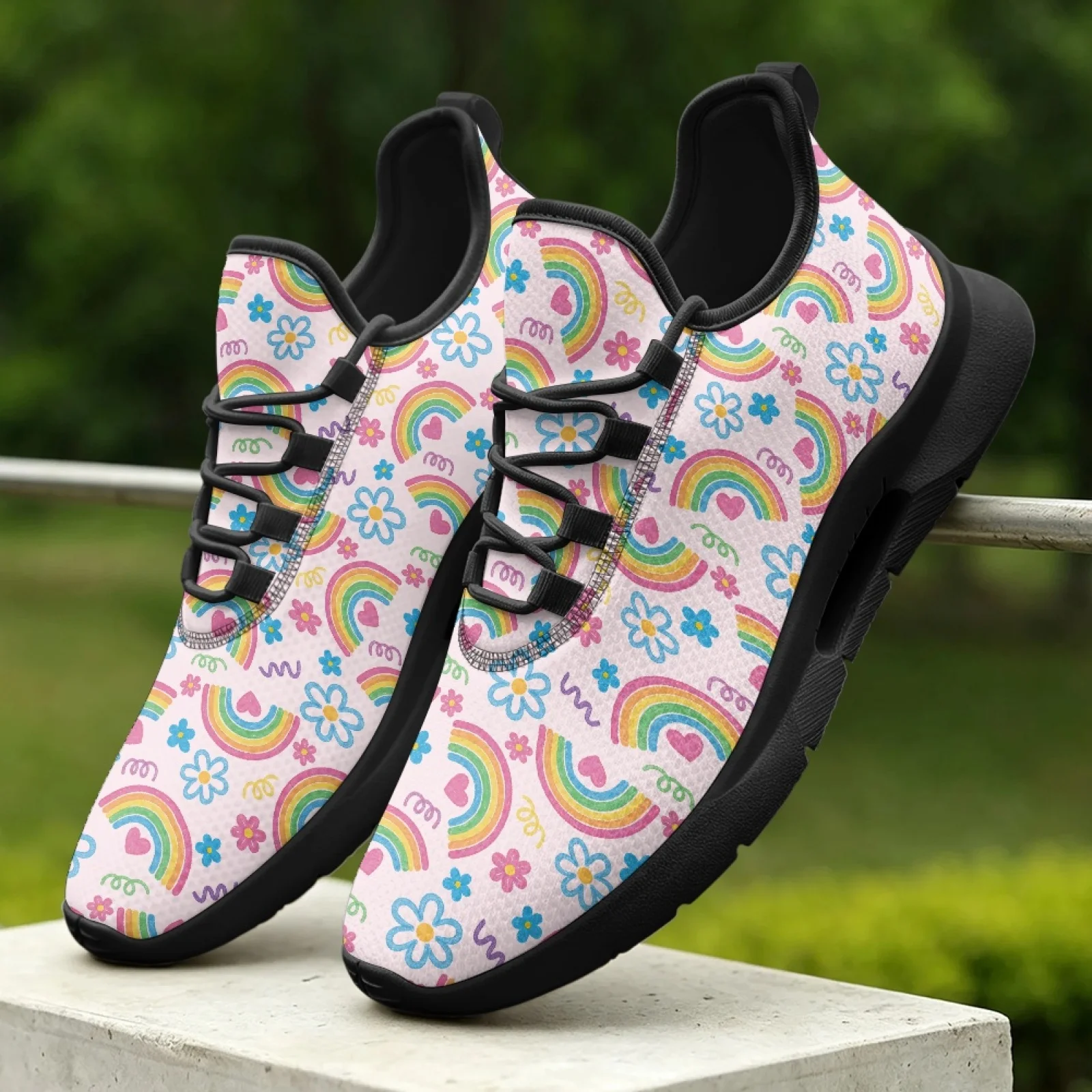 PENSTROLL Rainbow Flower Walking Sneakers Lace-Up Men's Shoes for Unisex, Comfortable Breathable Walking Shoes