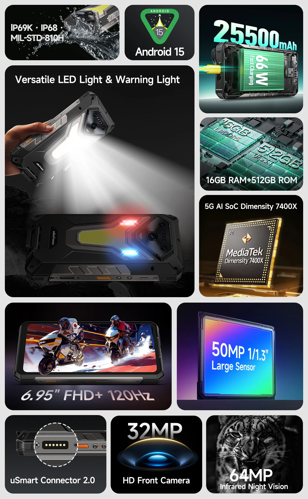 Ulefone Armor 34+ 5G Rugged Phone Smartphone Android 15 25500mAh 66W Up to 32GB+512GB 6.95" 120Hz Display Versatile LED Light