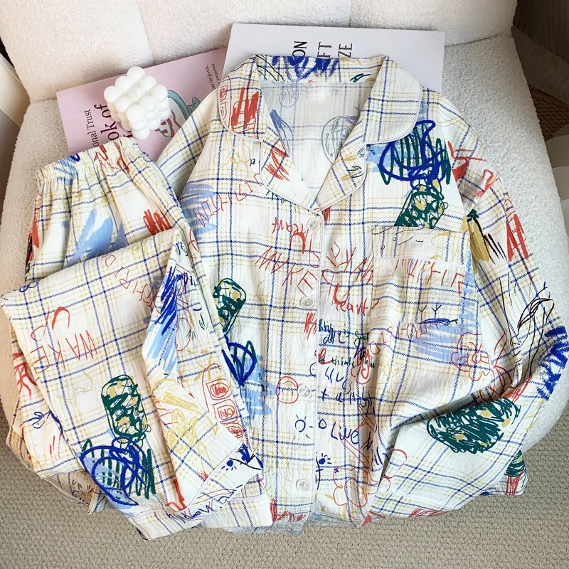 

Instagram Ретро милые граффити облако хлопковая одежда для сна брюки с длинными рукавами женская осенняя дизайнерская домашняя одежда