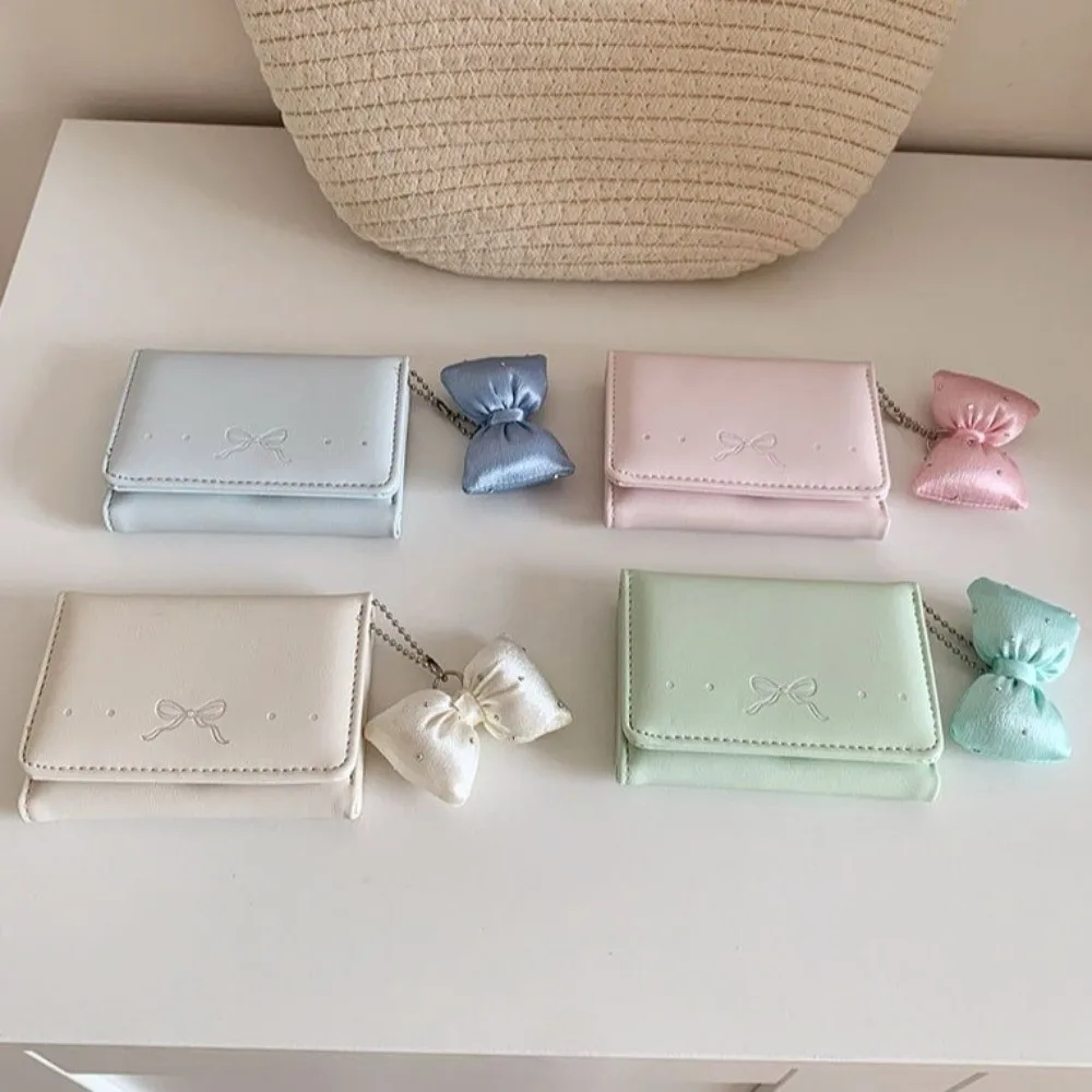Cute Pendant Bow Wallet Solid Color Foldable PU Leather Coin Purse Multi-functional Korean Style Short Wallet School