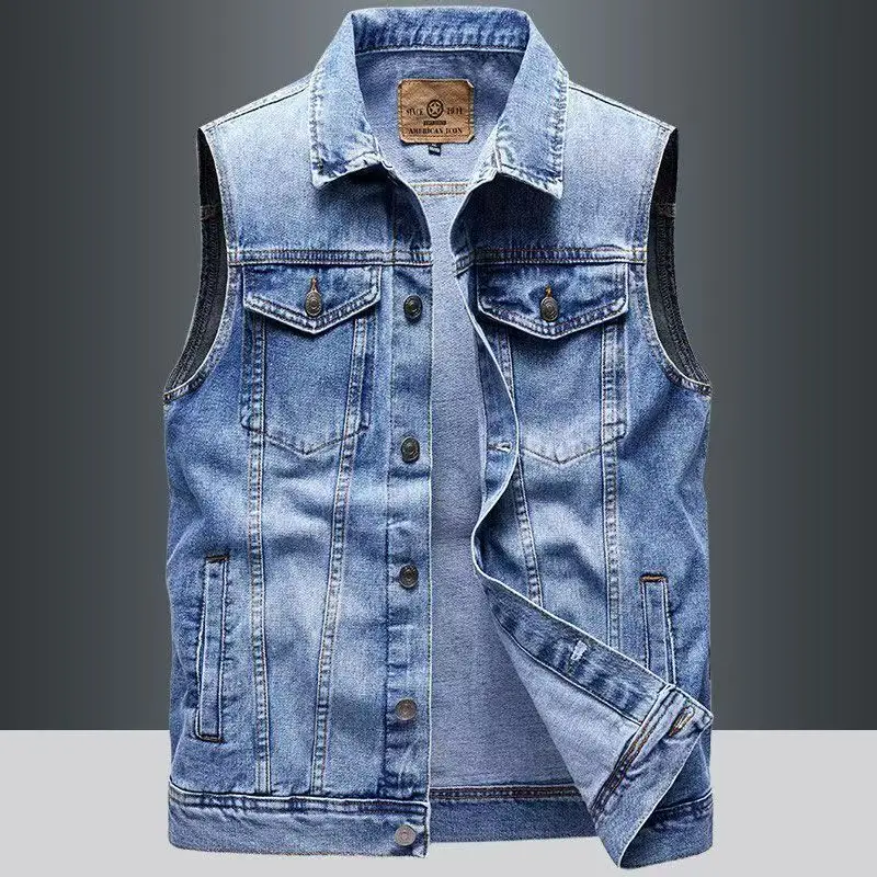 Spring Autumn Denim Vest Men's Vest Korean Handsome Youth Multi-pocket Lapel Tooling Denim Vest Men Clothing Sleeveless Jacket