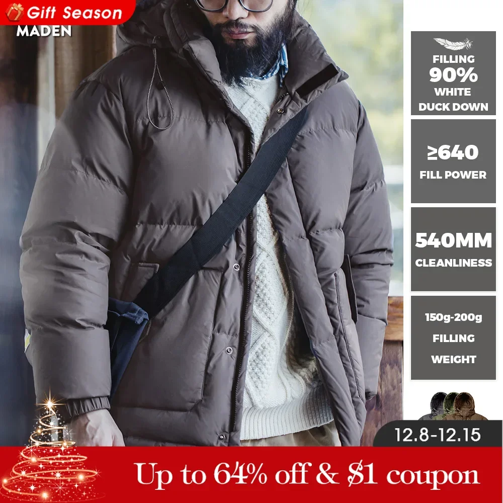 Maden Wax Surface 90% Down Jacket Men Removable Hooded Thickened Warm Winter Stand-up Collar Coat Men\'s Padded Outer Clothing