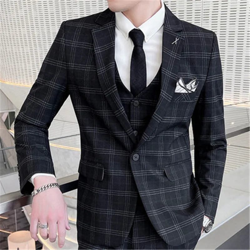 

Slim Fit Wedding Prom Dress Suits Tuxedo Blazer Set 3 Pieces Suits Men Party Vintage Plaid Costume Korean Desinger Male Clothing