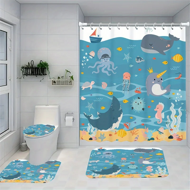 4pcs Marine Life Print Creative Shower Curtain Set, Decorative Bathroom Set Includes Waterproof Shower Curtain, Non-slip Mat,