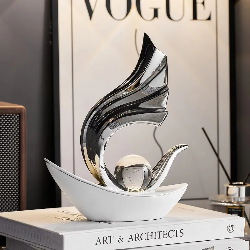 

Abstract Sailboat Shaped Sculpture Ornament With Crystal Ball Modern Home & Office Desk Decor Polished Curved Line Design