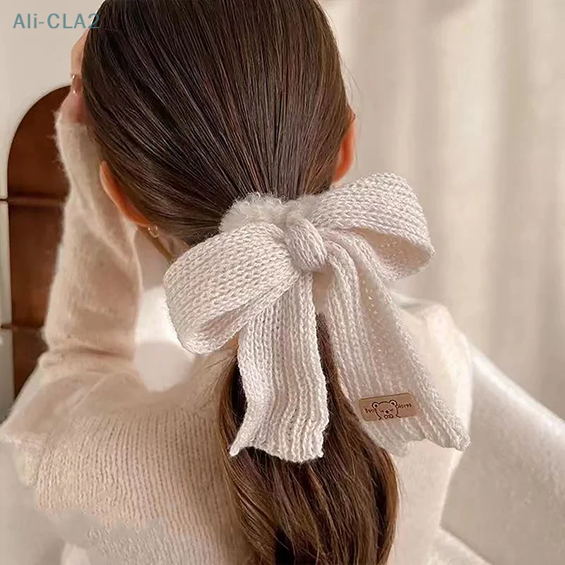 Plush Ponytail Hair Tie para meninas Cute Bow Rubber Band Lã de cordeiro Anéis de cabelo do intestino Headwear de malha Scrunchies Acessórios de cabelo