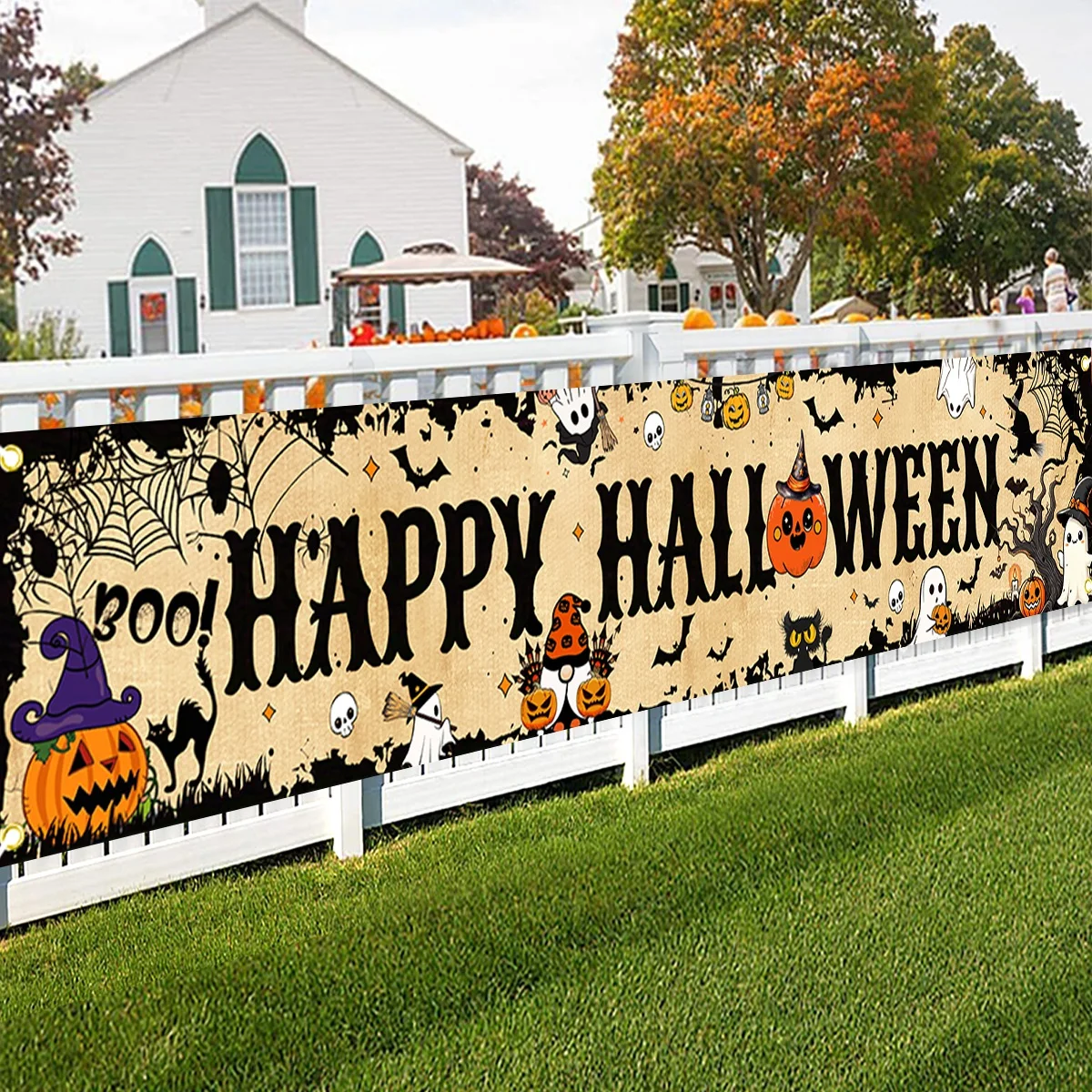 Happy Halloween Banner 200cm Long Hanging Outdoor Banner with Pumpkin Ghost Horro Theme Party Decor for Yard Indoor Outdoor