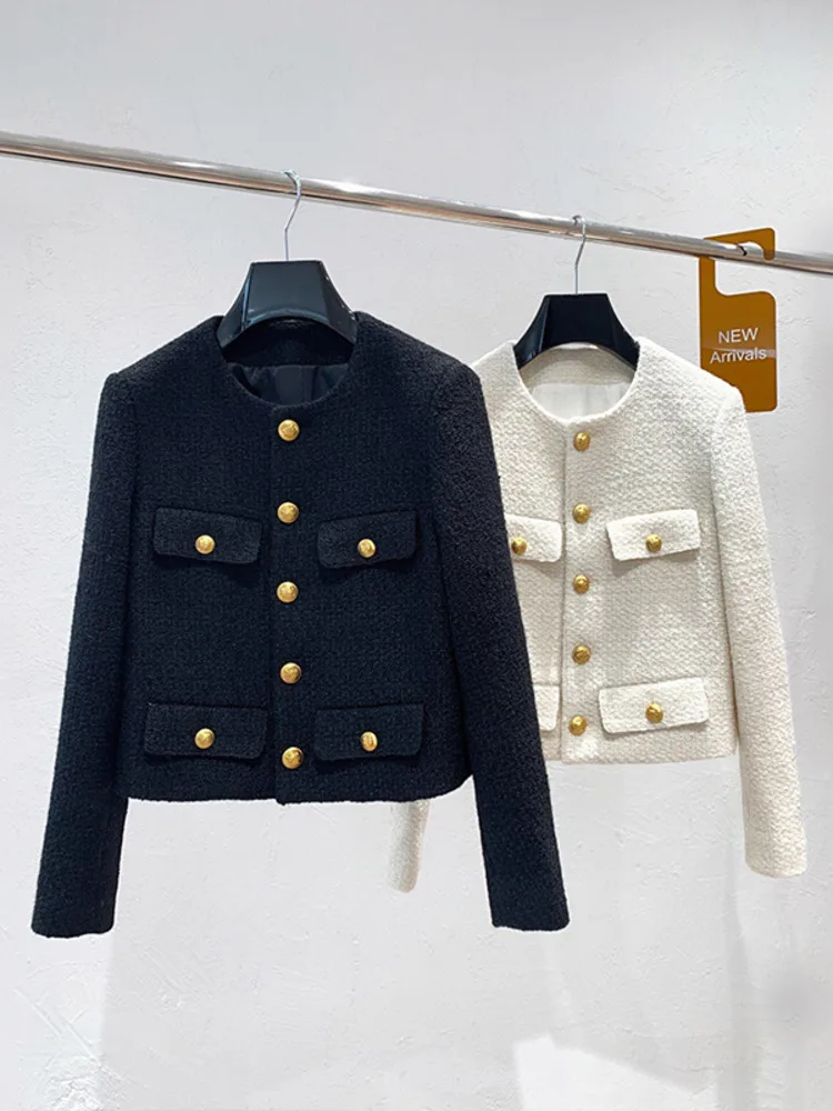 

Autumn Winter Small Fragrant Tweed Jacket Coat Women Vintage Woolen Short Coats Streetwear Elegant Casual Slim Outwear Crop Top