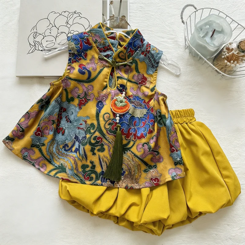 Girls' Chinese-style jacquard sleeveless  fastening and elastic waist bloomers