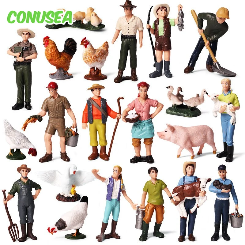 16PCS/set Kids Toys Simulation Doll Model Plastic Farm Farmer Ranch Worker Pig Goats Micro Figure Dolls Scenario Models Children