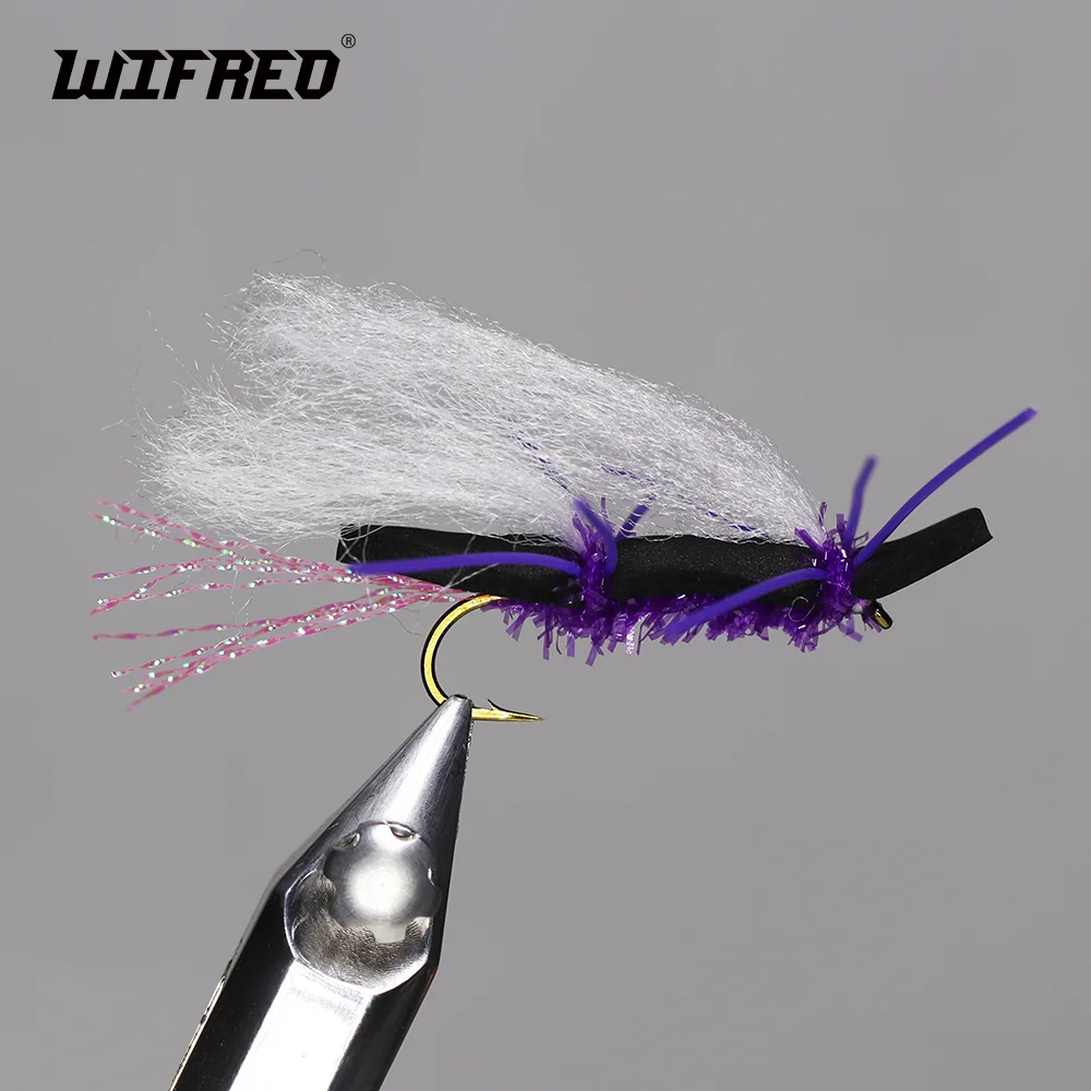 Wifreo 6pcs Fly Fishing Chubby Chernobyl Fly Rubber Legs Black Foam Body Purple Ice Chenille Belly Dry Fly Trout Fishing Lures