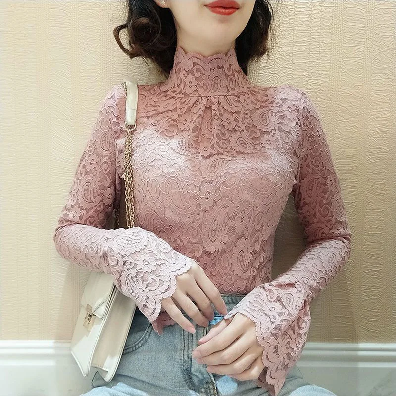 Elegant Turtleneck Ruffles Hollow Out Lace Blouse WomenClothing 2023 Autumn New Casual Pullovers Flare Sleeve Office Lady Shirt