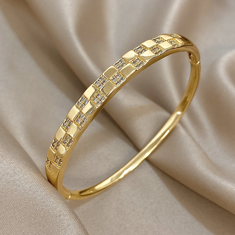 Pulseira de Punho Quadrada de Zircônia da Moda, Bracelete Empilhável de Cobre Banhado a Ouro para Mulheres, Joia Charmosa para Presente