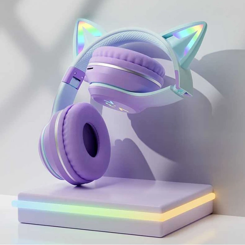Rgb gatos bonitos meninas presente do miúdo fone de ouvido luzes controle fone música jogos fones com microfone e