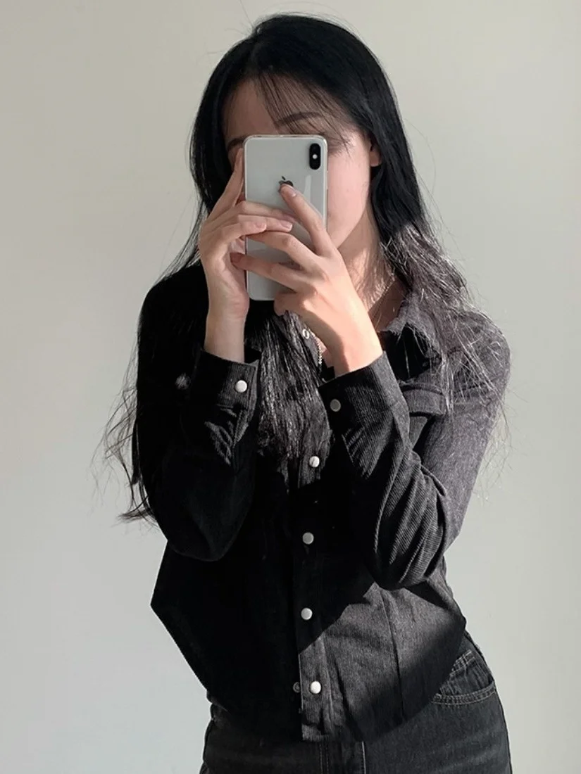 

Slim Fit Long Sve Corduroy irt Женская мода Весна Новый Sle Ретро Универсальный отложной воротник Дизайн на одной пуговице
