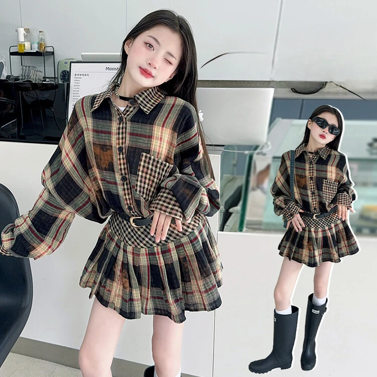 Girls Suits 2024 Plaid Patchwork Vibe Blouse Pleated Skirt Simple Casual Blouses and Skirt Two-piece Set European Fashion Style