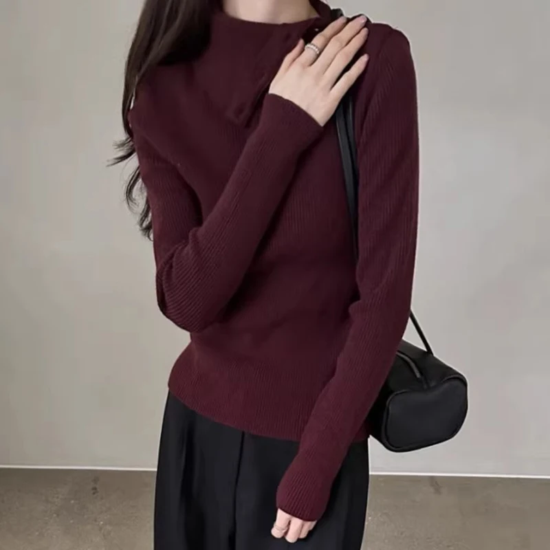 Turtleneck Side Button Design 2024 Woman Sweater Knit Outerwears Long Sleeve Ropa Mujer Autumn Winter Pullovers New Sueter