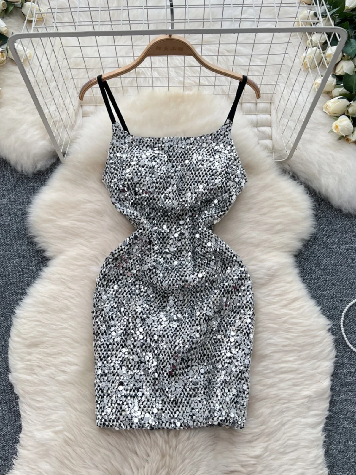 Foamlina High Quality Short Sling Dress for Women's Dinner Party Sexy Heavy Industry Sequin Sparkling Bodycon Suspender Dress