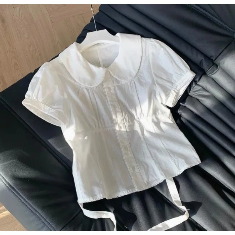 

Sweet Style Bubble Sleeve Shirt Women's Short Sleeve Waist-Cinching Slimming Doll Collar Top Japanese Style