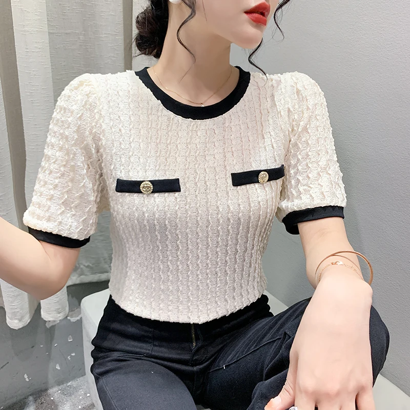 

Женская футболка с круглым вырезом, свободная футболка составного кроя с коротким рукавом и цветными блокировками в европейском стиле, Новинка лета 2023