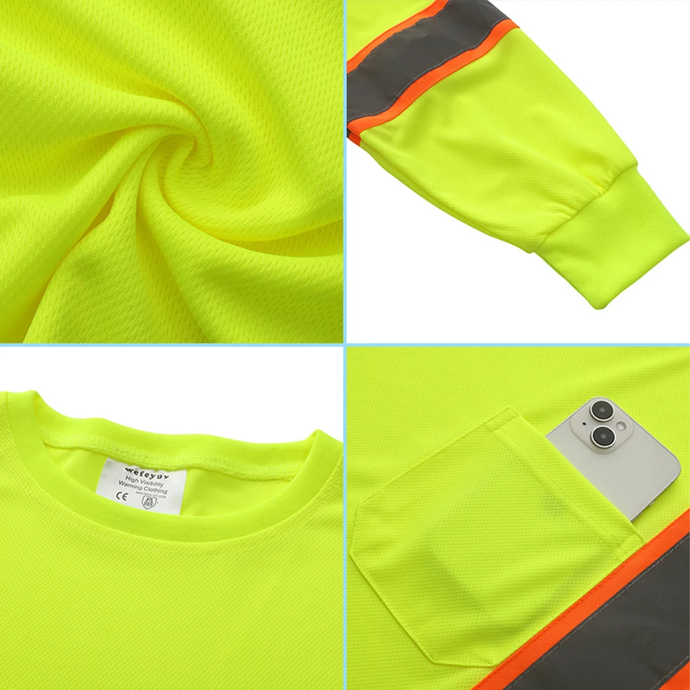 Summer Long Sleeved Safety T-shirts Outdoor Construction Round Neck Breathable Sun Protection Reflective Men Work Clothing