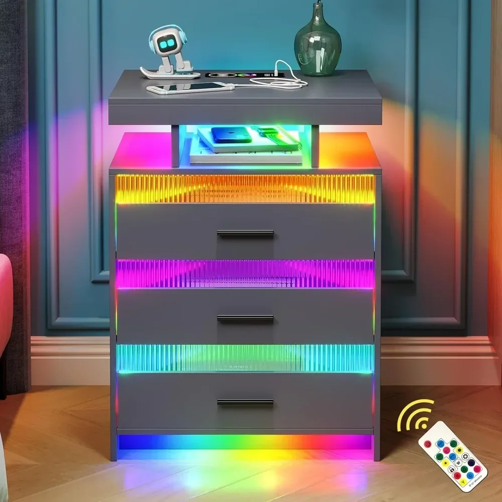 Nightstands Set of 2 with USB/Type-C/Wireless Charging Station Smart Night Stand with 3 Drawers LED Nightstand image 3