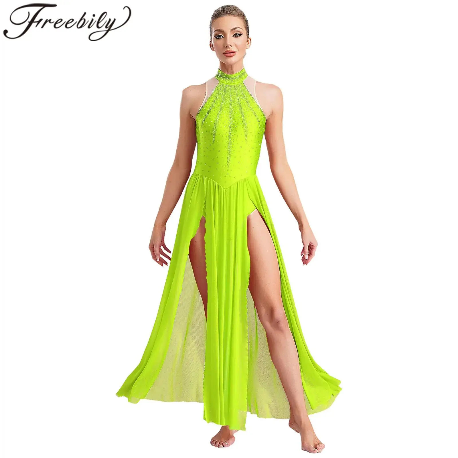 

Женское прозрачное сетчатое балетное платье, лирическое танцевальное платье без рукавов с разрезом, современная танцевальная одежда для выступлений, гимнастический купальник