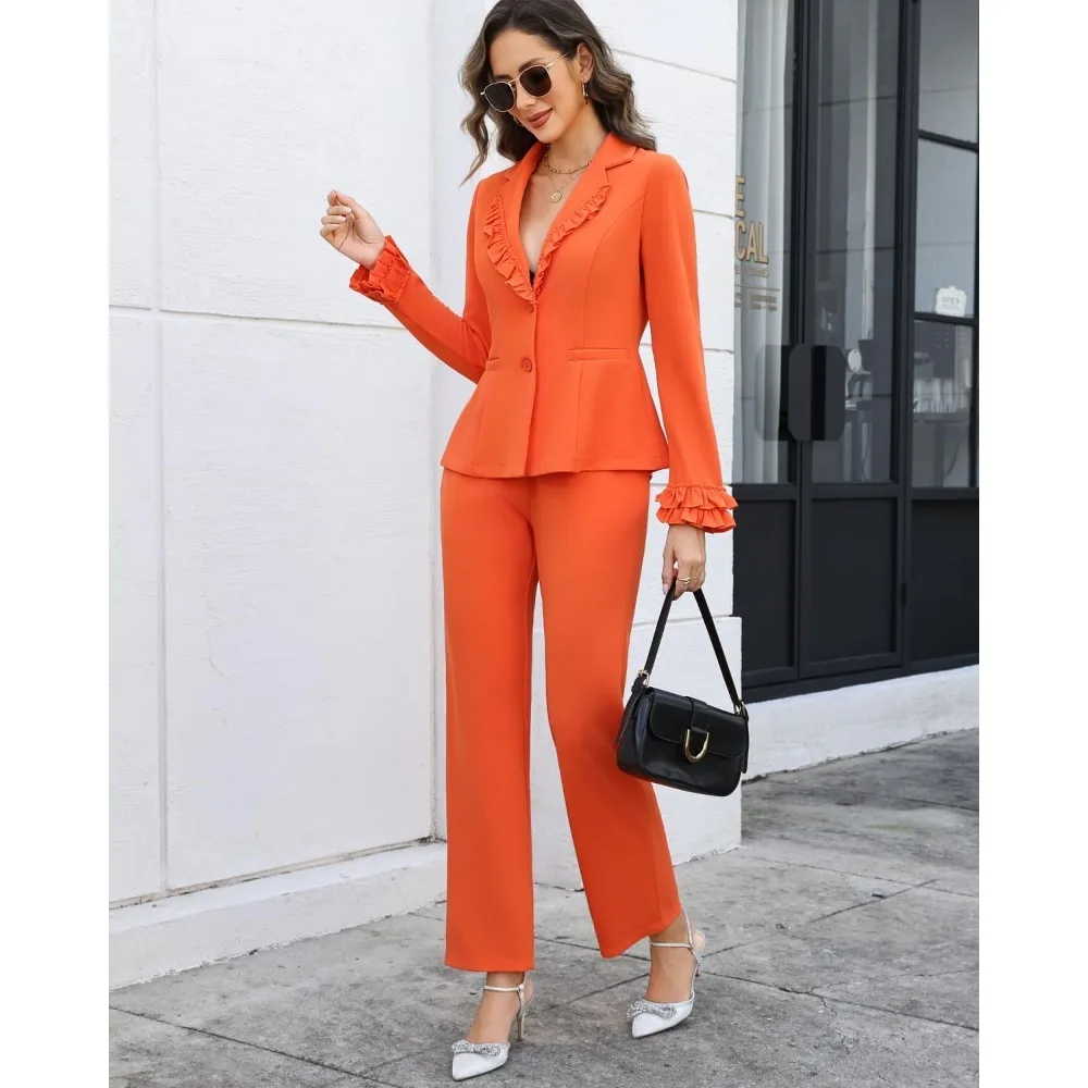 طقم بليزر نسائي مكون من قطعتين مكشكش وأكمام طويلة مكون من قطعتين، طقم بناطيل رصاص أنيق للأعمال #4