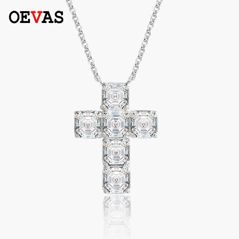 OEVAS 100% 925 Sterling Silver 7*7mm Asscher Moissanite Cross Pendant Necklace For Women Sparkling Wedding Party Fine Jewelry