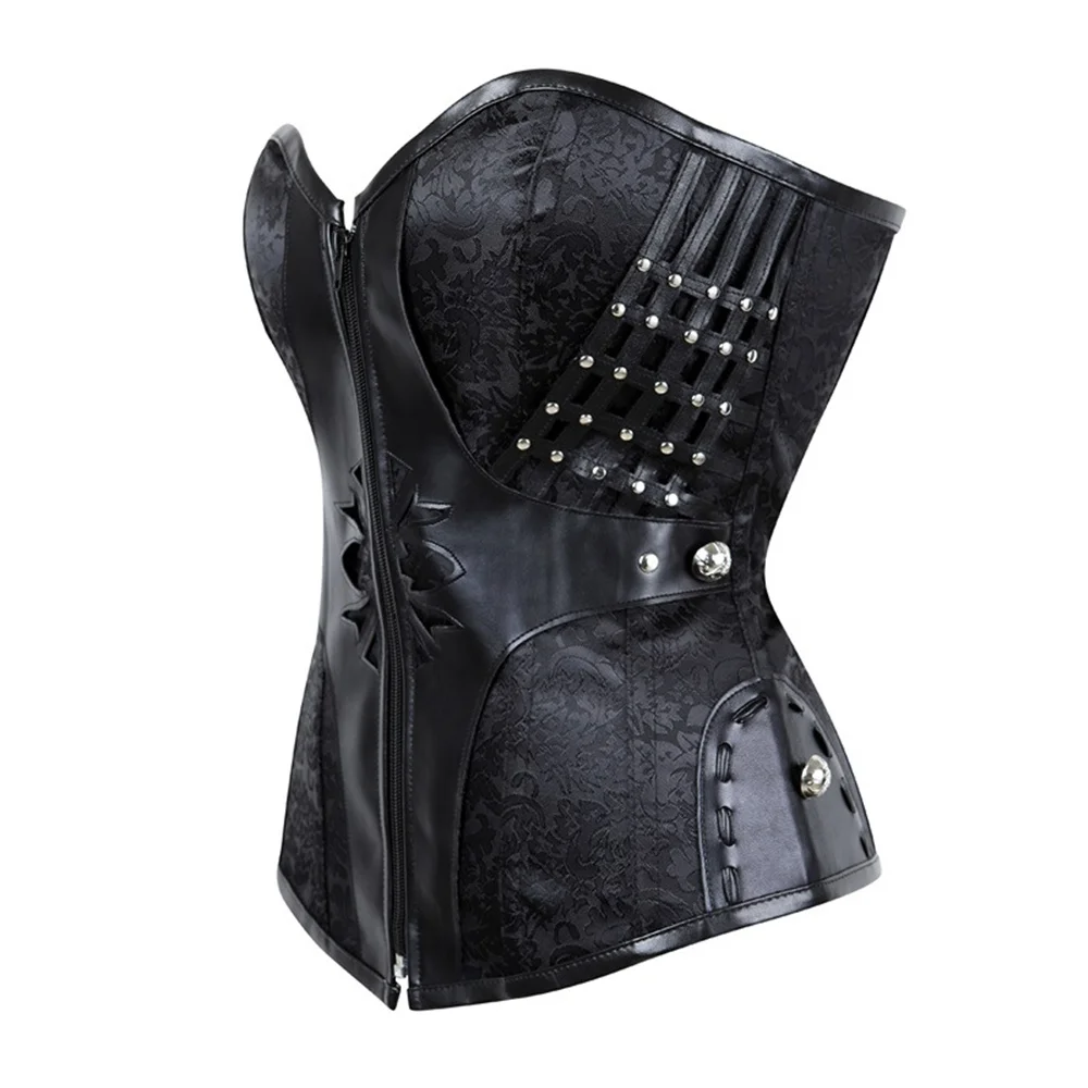 Women Steampunk Overbust Corsets Top Sexy Vintage Black Rivet Zip Flower Bustier Lingerie Gothic Body Shaper Corset