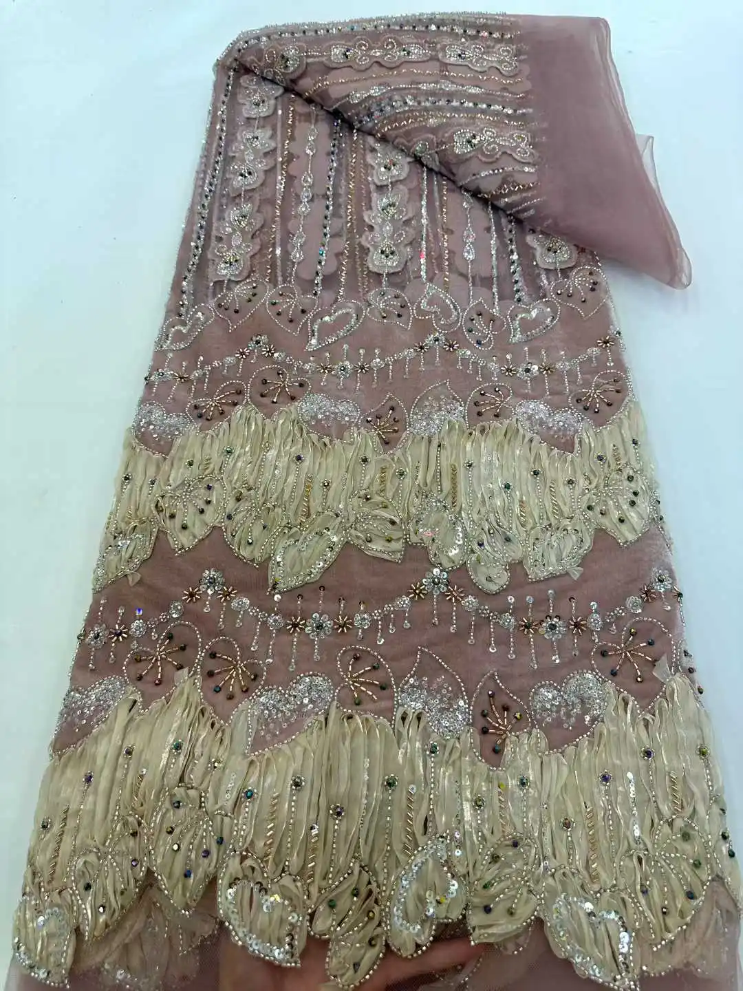 5Y African Beaded Lace Fabric 2026 Latest Nigerian French Sequins Tulle Lace Fabric Bridal Wedding Party Dress Material