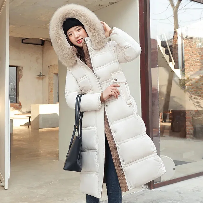 

Pop Lace-Up Fur Collar Down Cotton Coat For Women's 2025 Winter Parka For Female's Long Padded Cotton Hooded Thickened Outwear C