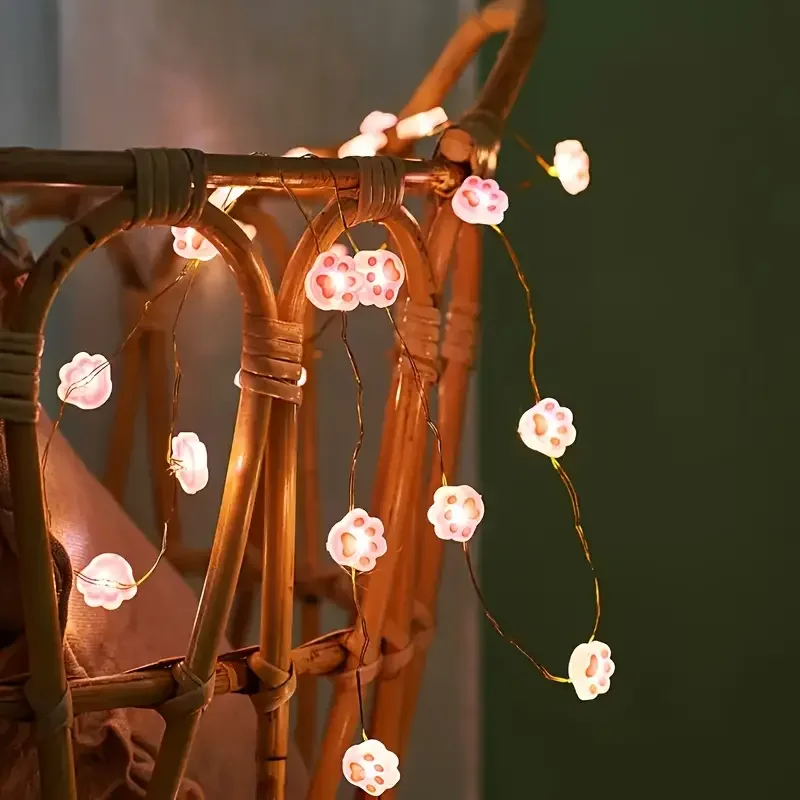 1pc 2M 20LED Pink Cute Cat Paw String Light Hanging Decorative Copper Wire Fairy Lamps Battery Powered For Home Bedroom Decor