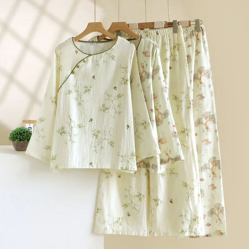 

Vintage Chinese Style Cotton Pajamas Set Women Frog Button Loose Print Home Suit Soft Breathable Spring Summer Sleepwear