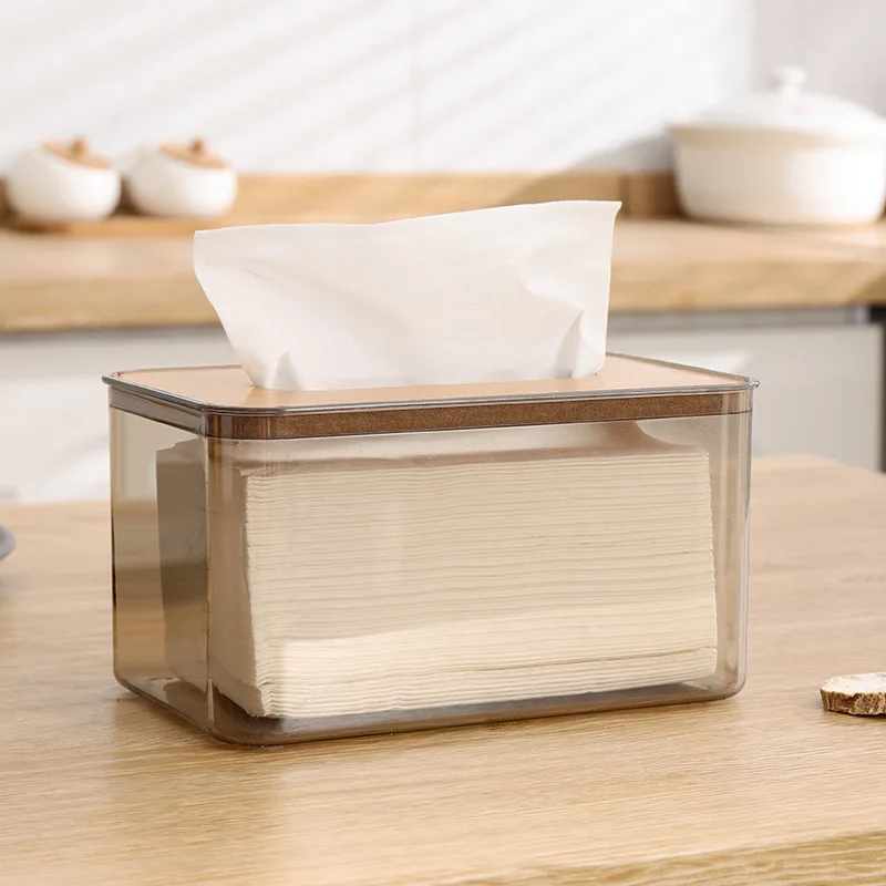 Plastic Tissue Box Wooden Lid Round/Square Napkin Holder Container Wet Tissue Paper Dispenser Case Modern Home Car Organizer