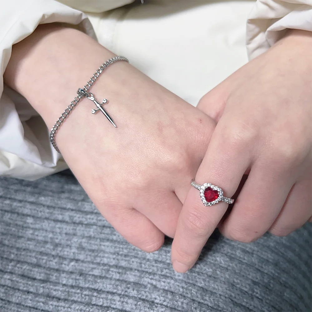 Heart and Sword Stainless Steel Necklace Double Layer Chain Crystal Charm Couple Friendship Necklaces for Women Girls