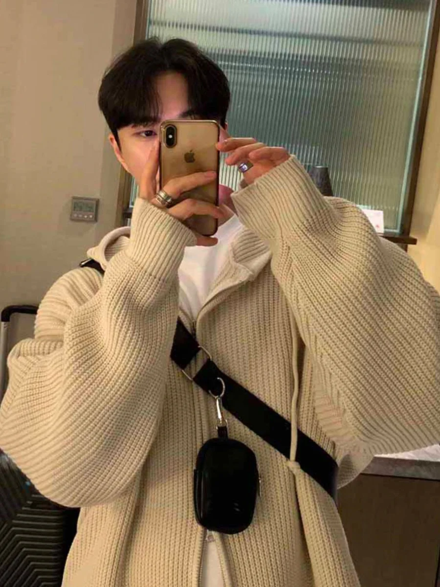 

American Sle Knitted Cardigan Sweater Men's Autumn New Retro Lazy Trendy Pure Color Zipper Line irt Casual Loose Fit