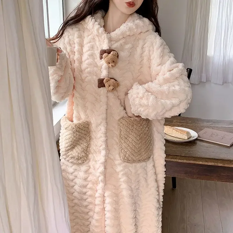 Women\'s Autumn Winter New Kawaii Coral Velvet Pajamas Nightgown Thickened Warm Hooded Long Bathrobe Korean Style Girls Homewear