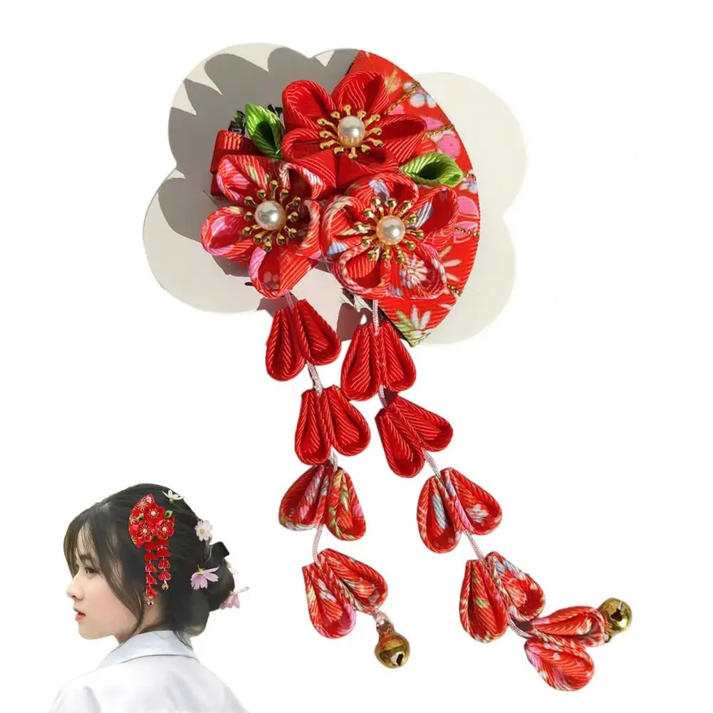 Intricate Design Hairpin Japanese Kimono Hairpin with Flowers Bells Faux Pearls Ancient Style Hair Clip for Women for Parties