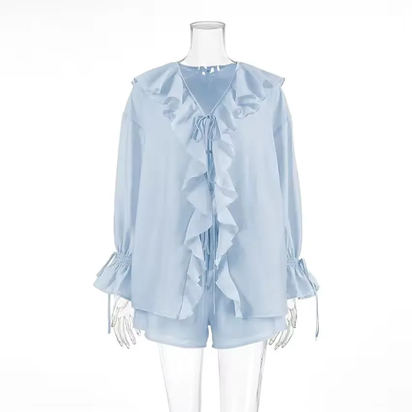 Women's Sweet Fresh 2 Piece Set with Puff Long Sleeve Top and Solid Color Shorts Matching Outfit All Seasons Two Piece Set Woman