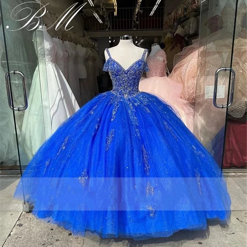 

ANGELSBRIDEP Royal Blue Crystal Quinceanera Dresses Luxury Beading Lace Gilltering Tulle Princess Birthday Corset Floor Length