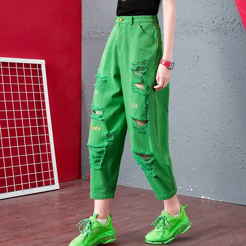 Streetwear Stylish Hole Haren Pants Casual Letter Printed Women's Clothing Spring Autumn Button Zipper Loose Cropped Trousers