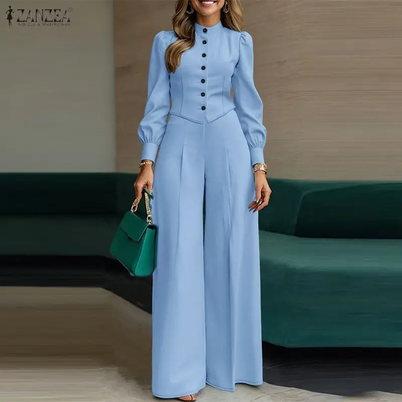 Elegante, schicke Hosenanzüge für Damen, Stehkragen-Langarmshirt und Hose mit weitem Bein, 2-teilige Sets, ZANZEA minimalistische Hosenanzüge, Outfits