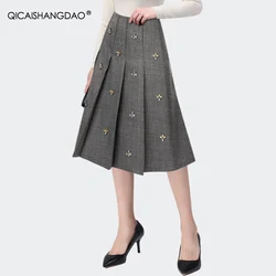 Fashion Grey Diamond-encrusted Skirt Women HIgh Waist A-line Pleated Mid-length Skirts Spring Summer New Cute All-match JK Skirt