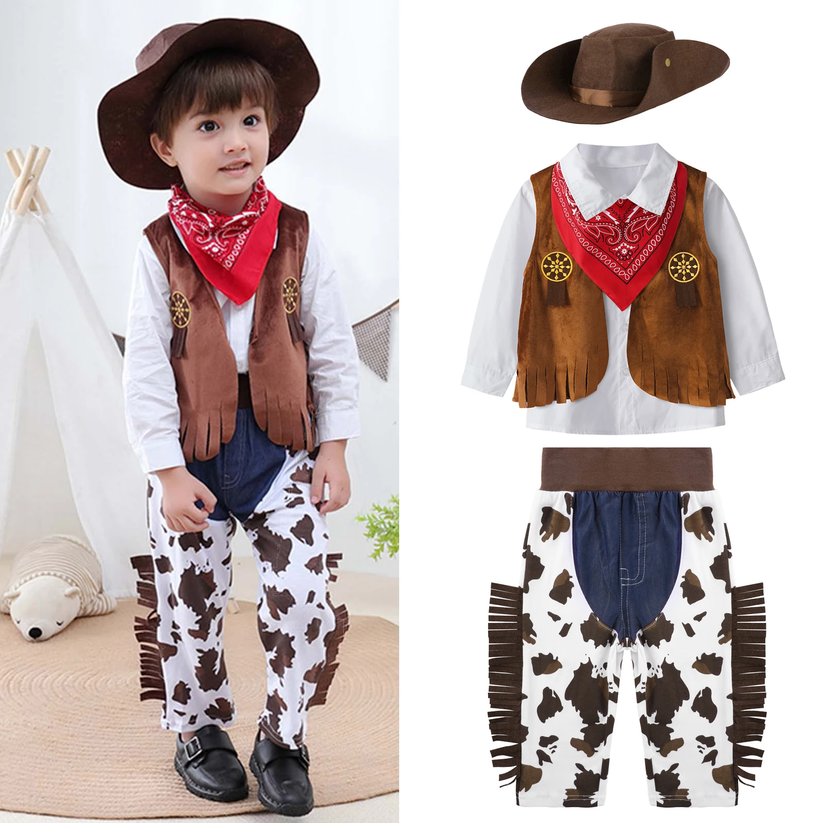 Cowboy Costume for Kids Boys Western Cowboy Costumes Purim Cainival Cosplay Dress Up Funny Birthday Party Clothing Set