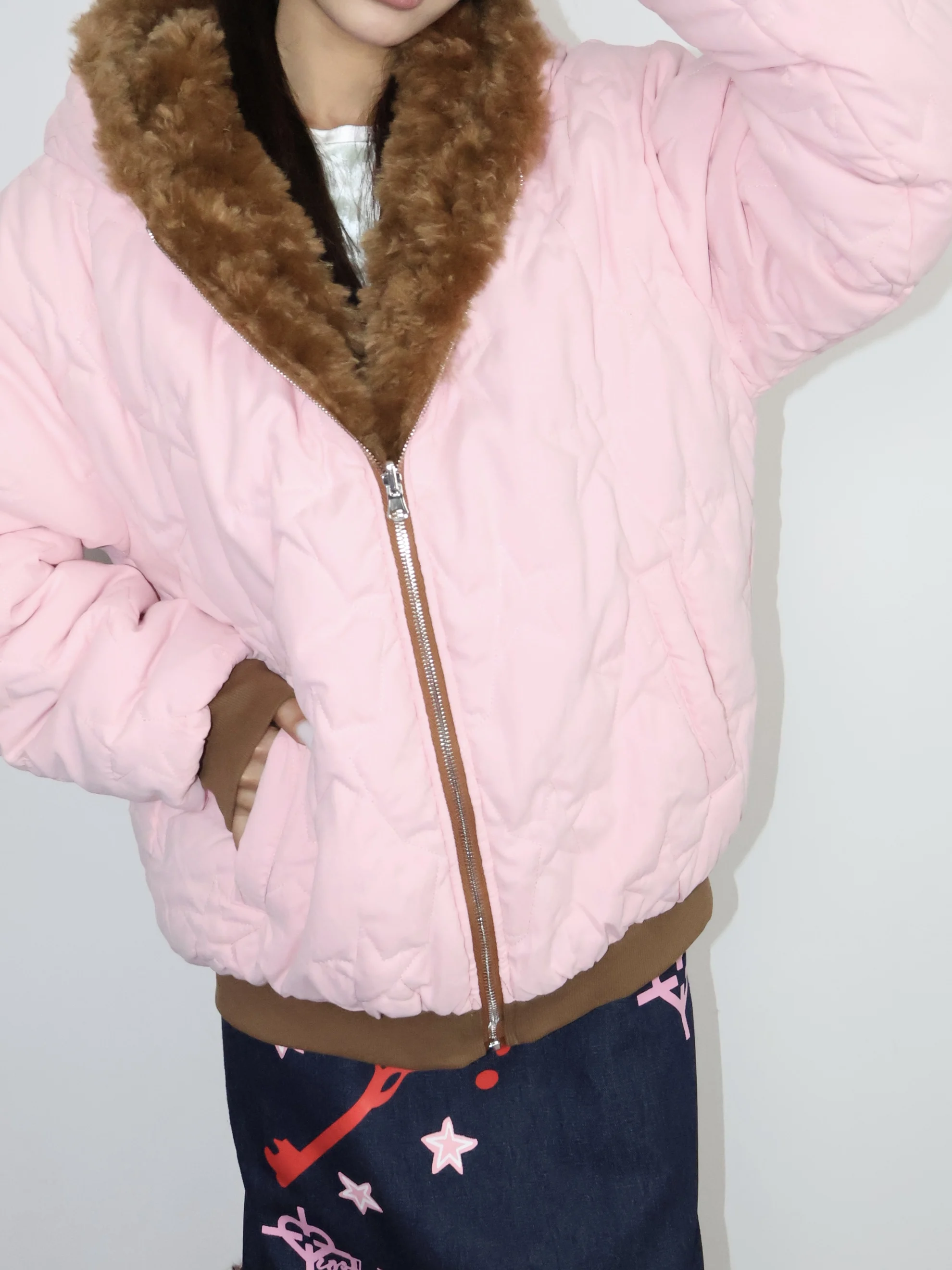 

Original OurHappy Light Cotton Jaet Women's Double-Sided Wear Teddy Fur Hooded Coat Heavyweight Winter Commute Sle Zipper