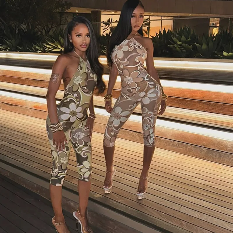 

Женские сексуальные клубные комбинезоны с открытой спиной, уличная одежда с лямкой на шее и цветочным принтом, комбинезон без рукавов с высокой талией, модные узкие комбинезоны, женские