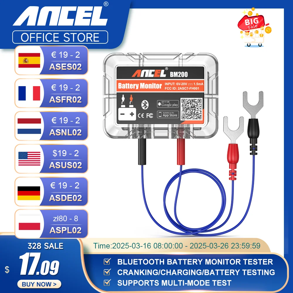 ANCEL BM200 Bluetooth 12V Battery Monitor Car Battery Health APP Monitoring Cranking Charging Battery Tester For Android IOS